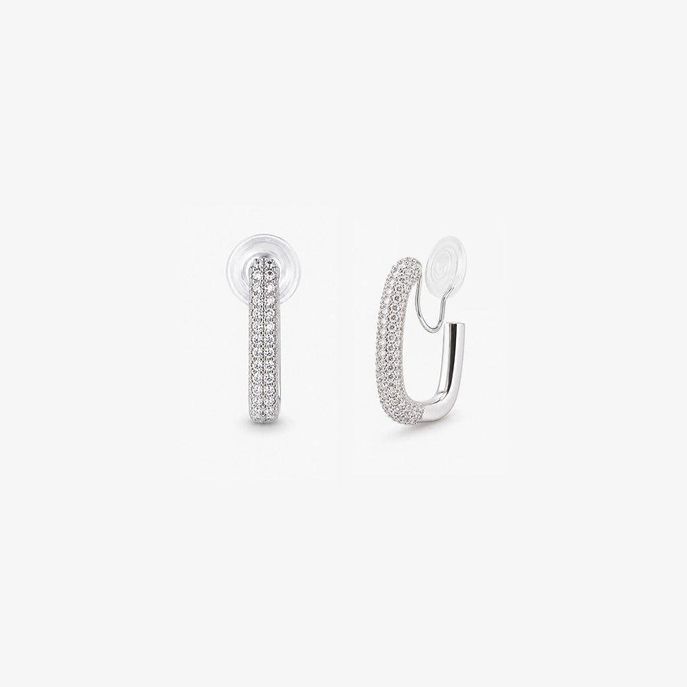 A pair of silver rectangular square-edge clip-on hoop earrings with pave cubic zirconia detailing and invisible U-type closures.