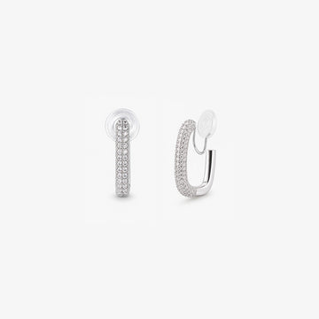 A pair of silver rectangular square-edge clip-on hoop earrings with pave cubic zirconia detailing and invisible U-type closures.