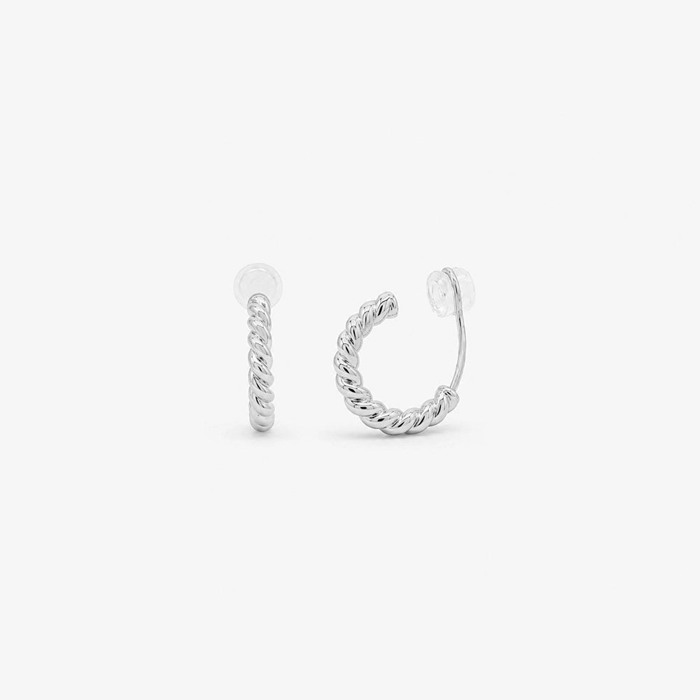 Pair of silver twisted rope clip on hoop earrings in an open C shape