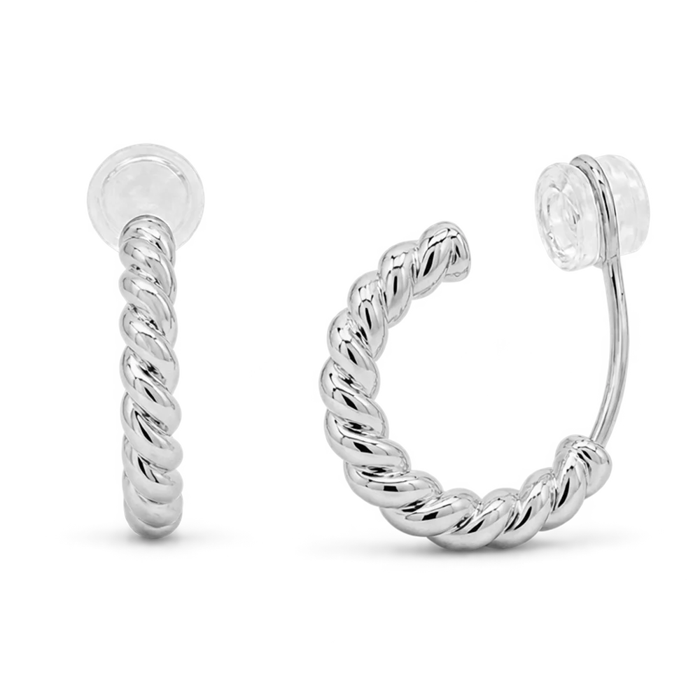 A pair of silver-toned twisted hoop earrings, shown on a clean white background.