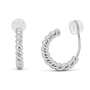 A pair of silver-toned twisted hoop earrings, shown on a clean white background.