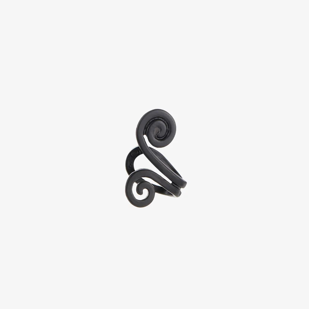 A single black spiral helix tragus cuff, highlighting its intricate curl and sleek matte finish on a white background.