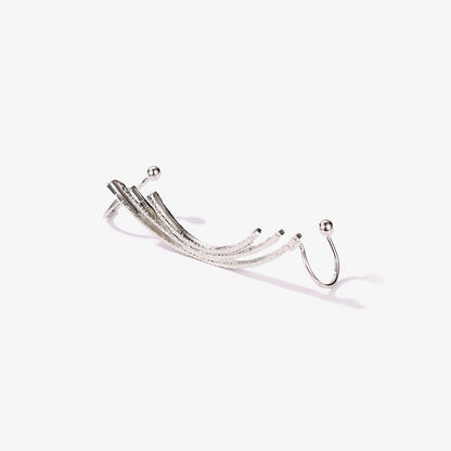 Silver Linear Contour Ear Climber on white background, versatile for everyday wear or for adding an edgy yet elegant touch to professional attire.