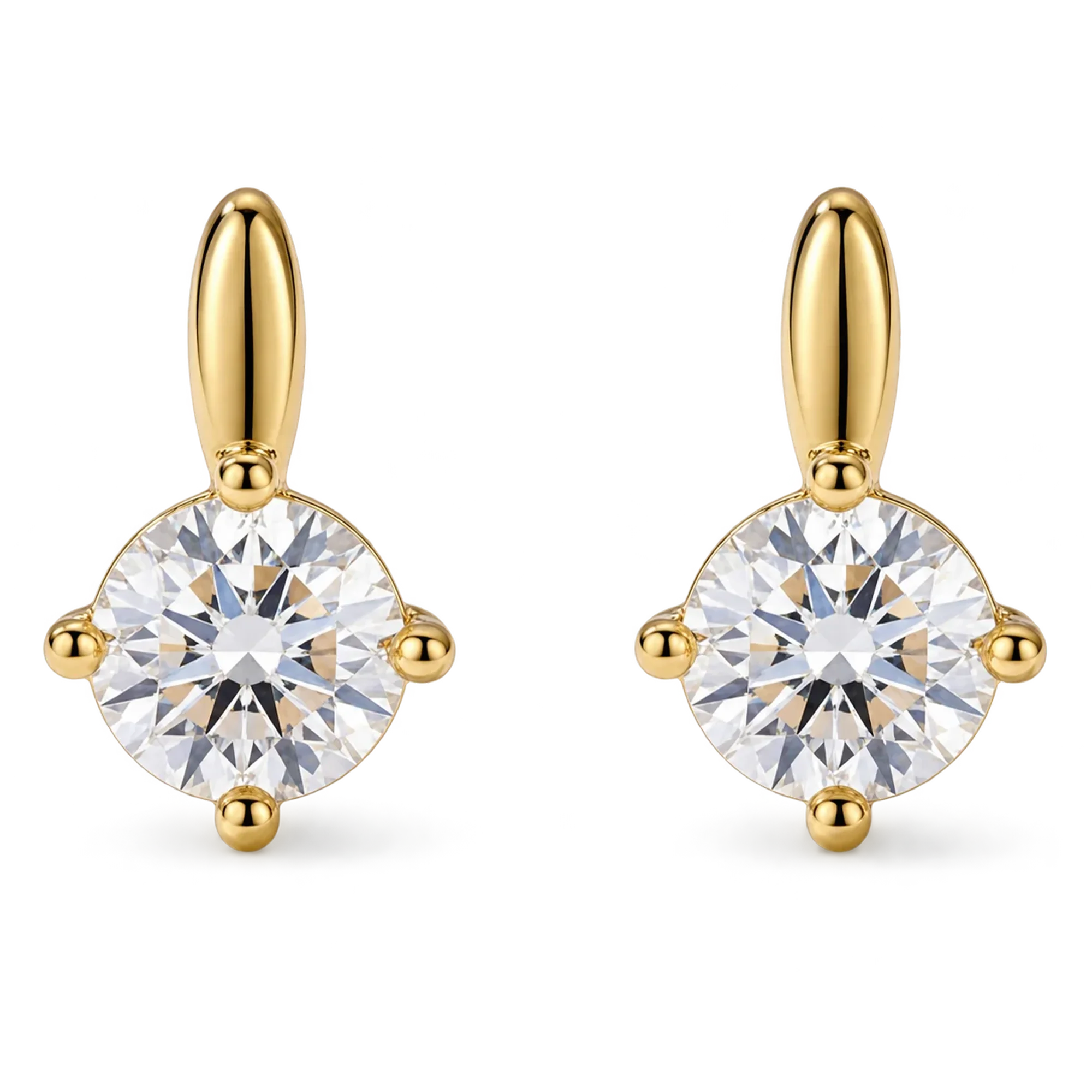 Pair of gold solitaire drop clip-on stud earrings with round cubic zirconia