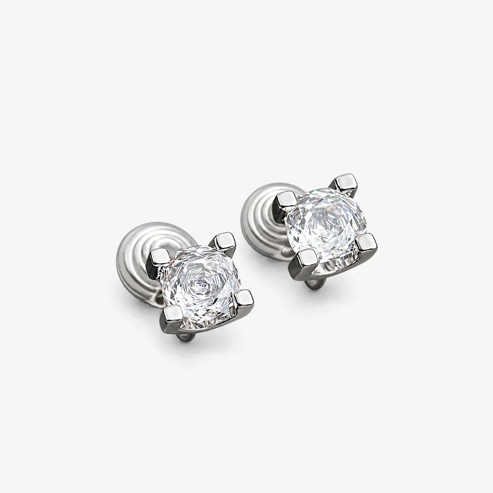 Angled view of square CZ clip-on studs showing the claw setting and clip