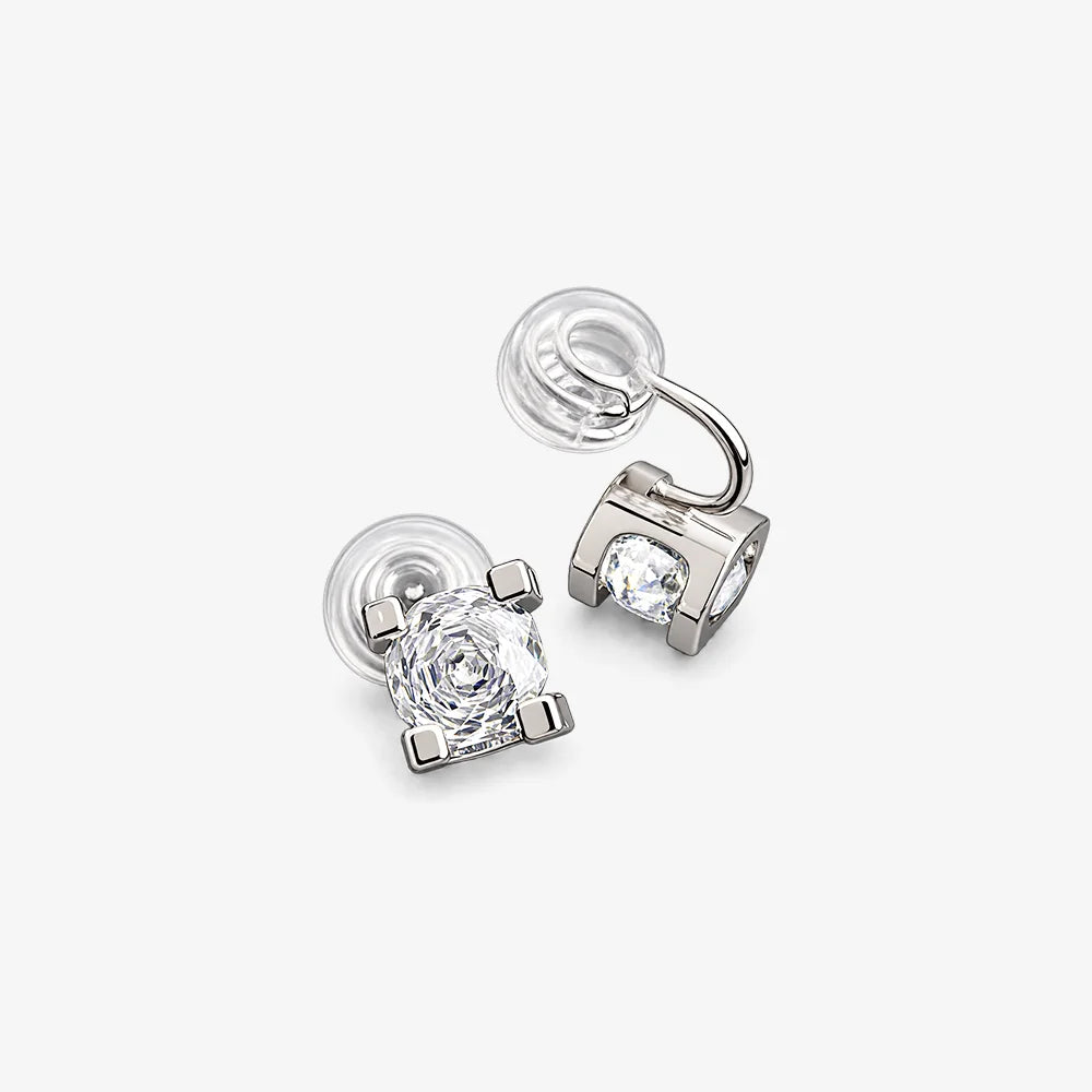 Square CZ clip-on studs showing the U-Type clip and clear spiral resin cushion