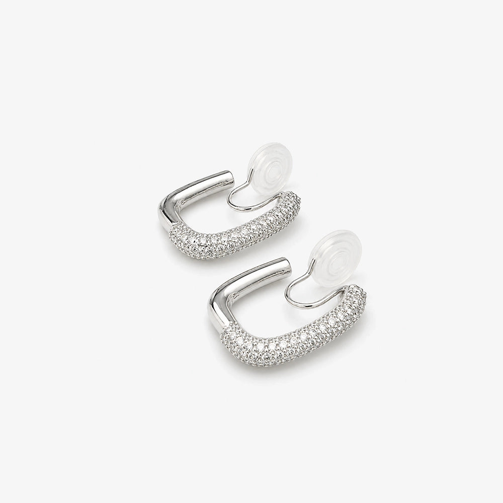 Silver Pave Square Edge Clip-On Hoop Earrings