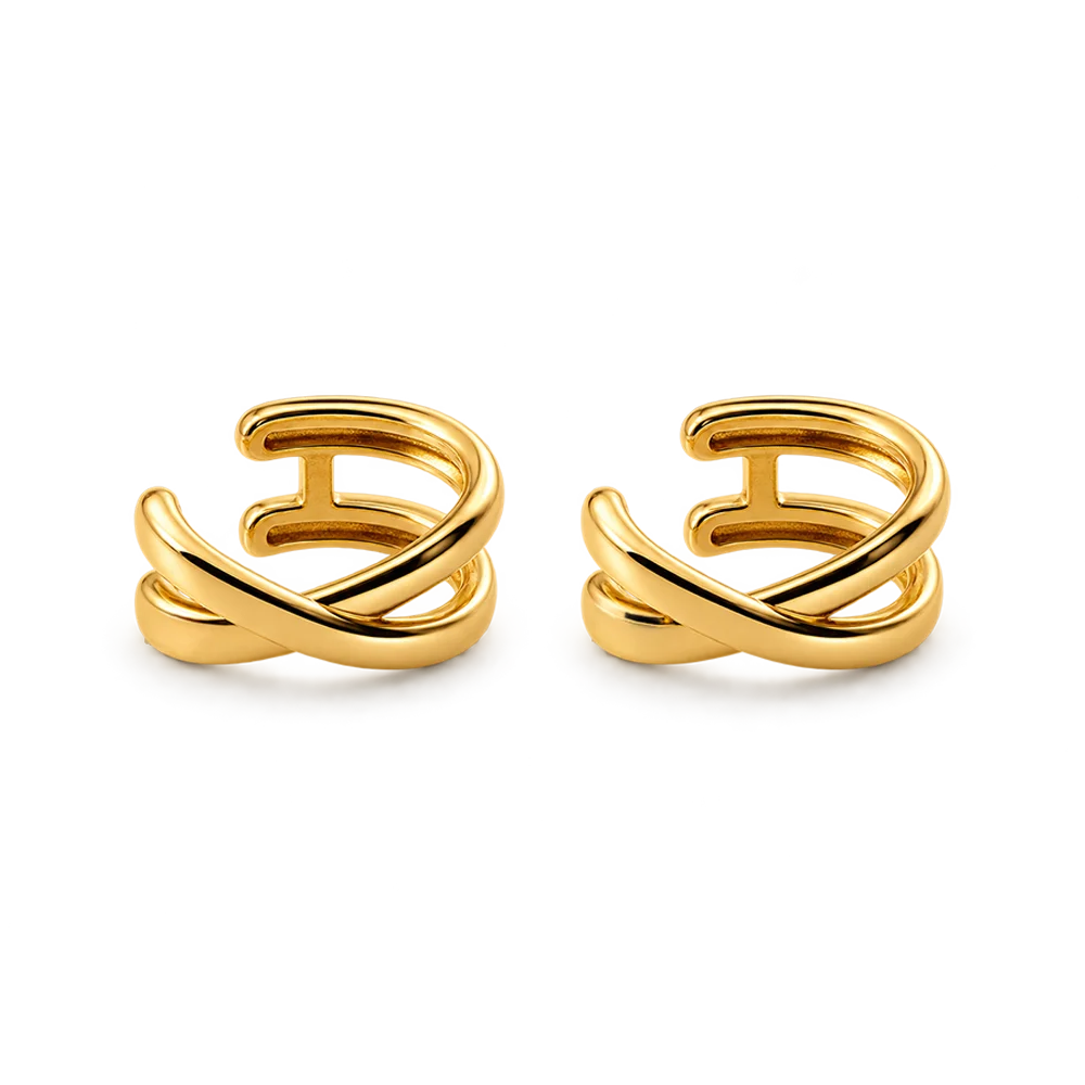Gold helix cross ear cuffs front view on white background, pair of matching gold-toned cuff earrings