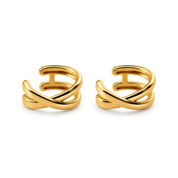 Gold helix cross ear cuffs front view on white background, pair of matching gold-toned cuff earrings
