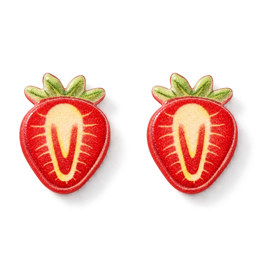 A pair of strawberry-shaped stud earrings with a glossy red and yellow textured finish and green leafy tops, shown on a clean white background.