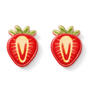 A pair of strawberry-shaped stud earrings with a glossy red and yellow textured finish and green leafy tops, shown on a clean white background.