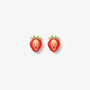 Pair of realistic 3D strawberry slice magnetic clip-on earrings with vibrant red and white resin detailing on a soft background.