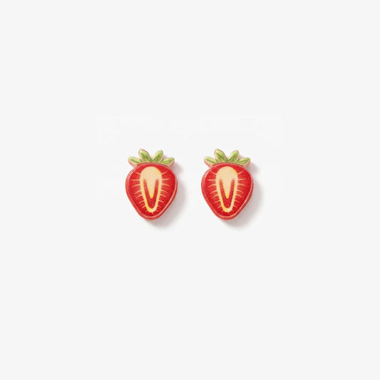 Pair of realistic 3D strawberry slice magnetic clip-on earrings with vibrant red and white resin detailing on a soft background.