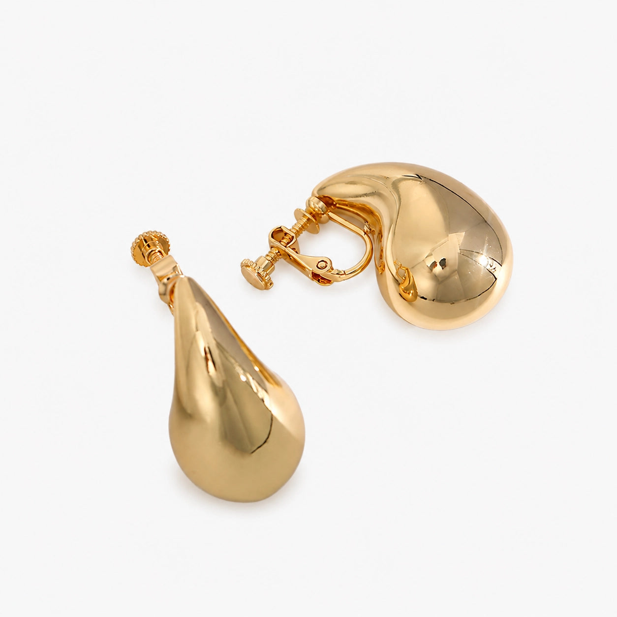 Teardrop Clip-On Earrings in Gold shown at angle with clip-on closure detail visible