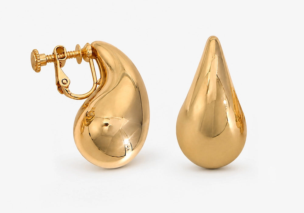 Teardrop Clip-On Earrings in Gold — pair shown front and side view with screw-back closure