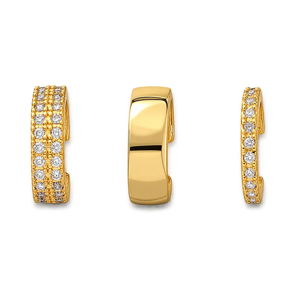 Three views of a gold huggie hoop earring with pavé-set clear stones, shown on a plain white background.
