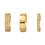 Three views of a gold huggie hoop earring with pavé-set clear stones, shown on a plain white background.