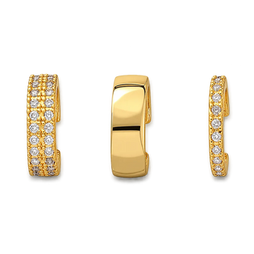 Three views of a gold huggie hoop earring with pavé-set clear stones, shown on a plain white background.