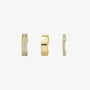 The complete trio gold ear cuff set, showing a double pavé, a wide band, and a single pavé cuff, lined up on a white background.