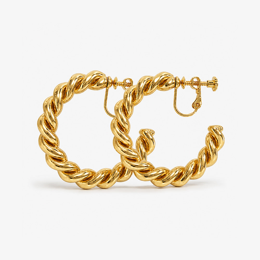 Twist Hoop Clip-On Earrings in Gold — pair on plain background, spiral rope design