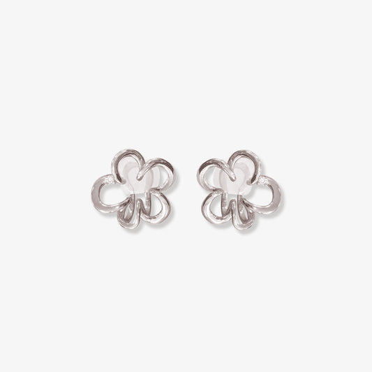 A pair of Cherry Blossom Floral Helix Ear Cuffs in white gold, designed with circular patterns forming a cherry blossom and enhanced by a zircon center.