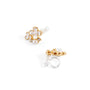 A pair of gold and white pearl stud earrings on a clean white background, showing both the front floral view and the clip on closure view.