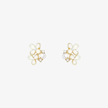 A pair of White Blossom Pearl invisible clip-on earrings, showcasing delicate white flowers, faux pearls, and cubic zirconia, isolated on a white background.
