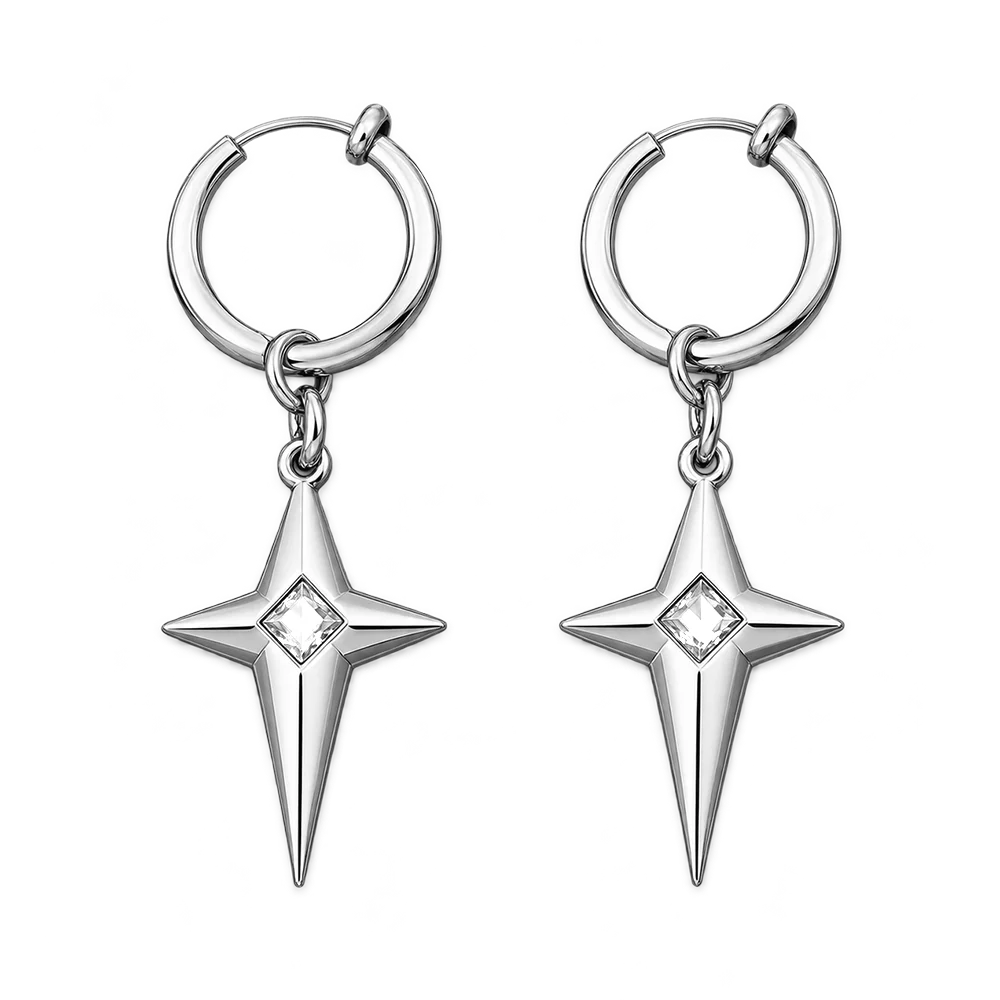 Clean studio product shot of the white gem polaris star clip-on hoop earrings against a plain white background.