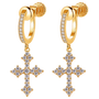 A pair of gold hoop earrings with small clear stones along the front and a dangling cross-shaped cross adorned with clear stones, shown on a plain white background.